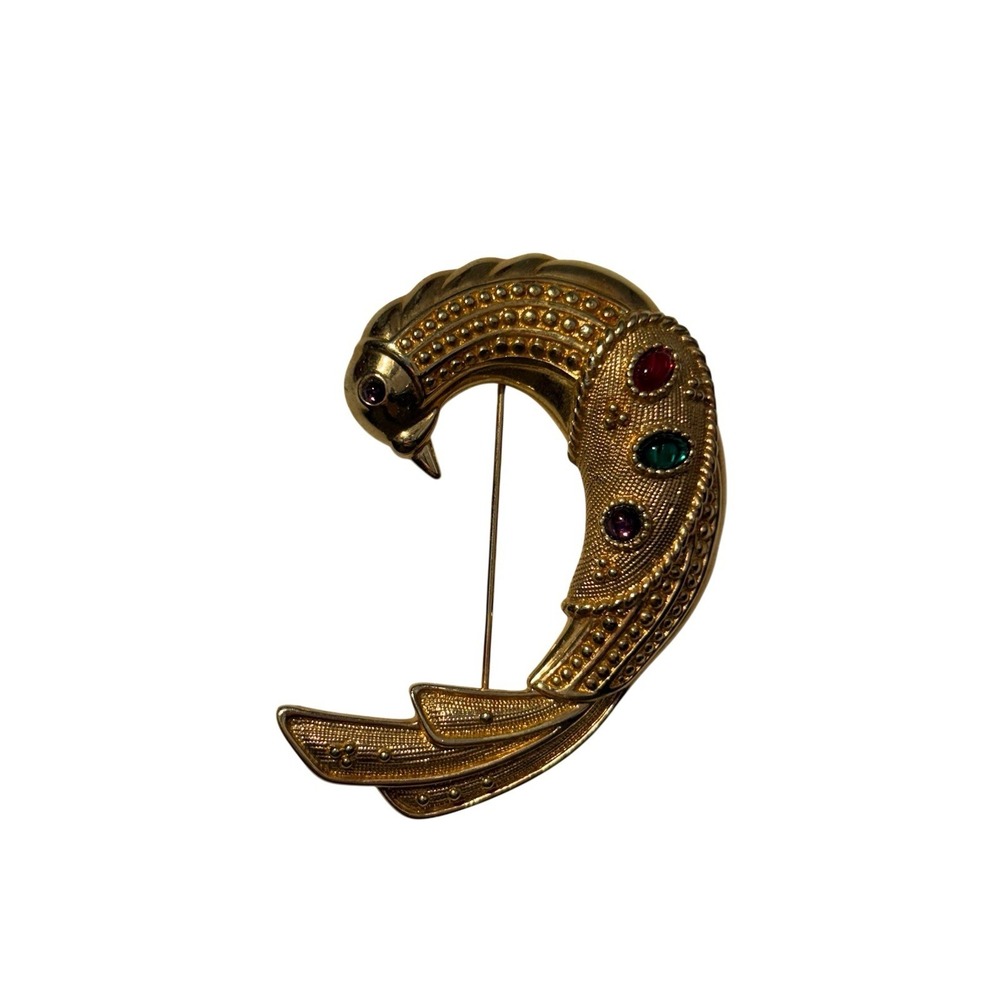 Vintage S.A.L Swarovski Gold Tone Multicolor Crystals Curved Bird Brooch Pin